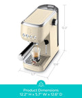 Barista Worthy Home Espresso Machine With 20 Bar Pressure, Stainless Steel Coffee Maker, Cream Finish, dimensions shown