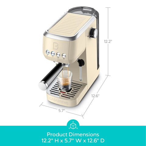 Barista Worthy Home Espresso Machine With 20 Bar Pressure, Stainless Steel Coffee Maker, Cream Finish, dimensions shown