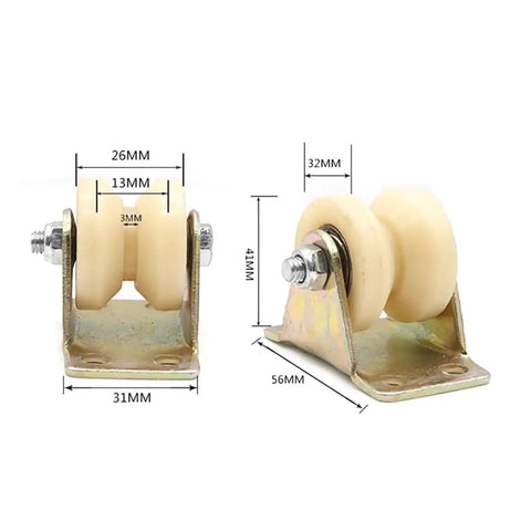 Heavy Duty Nylon Sliding Door Pulley With Square Groove H Track Roller Rides Easy, durable dual wheel design, dimensions shown.