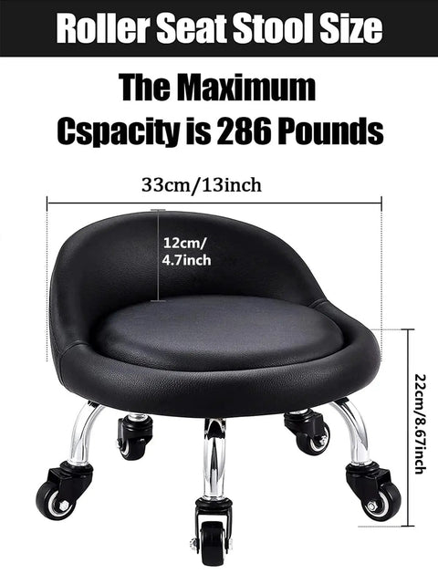 Low Profile Rolling Stool On Wheels With Back Rest And Leather Cushion 360 Degree Swivel Compact Round Seat, size details shown