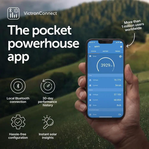 SmartSolar MPPT VE Can Solar Charge Controller with Bluetooth app display on phone, showing energy data and connection features