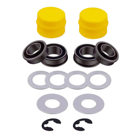 Ditch The Wobble With This Front Wheel Bushing To Bearing Conversion Kit For John Deere L100 L105 L108 L110 L130 Lawn Mower, includes yellow hub caps and sealed bearings.