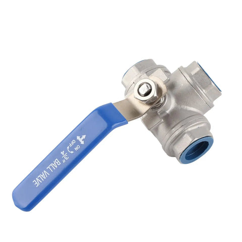 Rock Solid 304 Stainless Steel Three Way T Port Ball Valve 3/4 Inch DN20 with blue handle for steam and water use.
