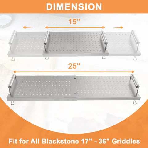 Dimensions diagram of Adjustable Griddle Warming And Cooling Rack For 17 22 28 36 Inch Griddles Universal Stainless Steel Warming Tray Grill Shelf Warmer Compatible With Weber Char Broil Nexgrill And Most Tabletop Griddles showing 15 and 25 inches