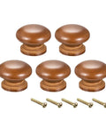 Five Pack of Hella Stylish Dark Red Round Wood Knobs with Screws for Cabinet and Dresser Makeovers, showing five wood knobs and screws.