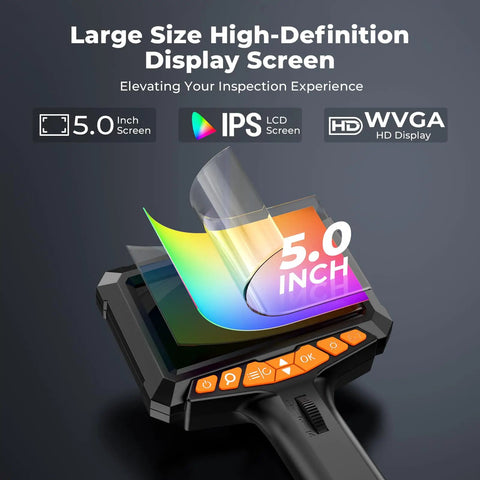 Two Way Articulating Borescope With Light, highlighting 5 Inch IPS screen display features for inspection use.