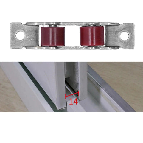 Close-up of two red double wheel rollers on metal frame for 8 Piece Push Pull Window Pulley With Double Wheel Sliding Door Rollers That Glide Smooth As Butter For Effortless Slider Track Fixes And Zero Sweat Install.