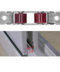 Close-up of 8 Piece Heavy Duty Push Pull Window Pulleys With Hardware for smooth sailing, showing twin red wheels on metal frame.