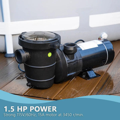 High-Octane 1.5 Horsepower Self Priming Pool Pump Engineered for Rock Solid Performance in Above Ground Swimming Pools Spas and Hot Tubs Featuring 5400 GPH Flow and Massive 1.5 Inch Strainer. Close up view of 1.5 HP motor and fittings.