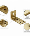 L Shaped Shelf Bracket With Wall Mount Corner Support For Kitchen And Bath Cabinets, Stainless Steel, gold finish, close-up view