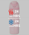 Pink insulated stainless steel water bottle with built-in straw, leak-proof seal, BPA-free, designed for sports and travel.