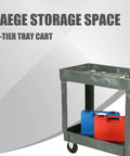 Heavy Duty Two Shelf Rolling Utility Cart With Smooth Rollin Casters And Straight Up Tough Frame For Massive Storage Loads Around Commercial Garage Or Workshop Indoor Outdoor Rust Proof Setup, showcasing two-tier trays with tools.