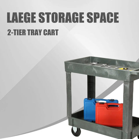 Heavy Duty Two Shelf Rolling Utility Cart With Smooth Rollin Casters And Straight Up Tough Frame For Massive Storage Loads Around Commercial Garage Or Workshop Indoor Outdoor Rust Proof Setup, showcasing two-tier trays with tools.
