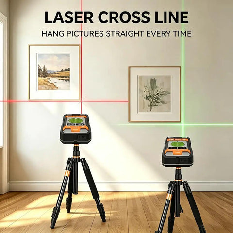 Dead On 4 In 1 Stud Finder Wall Scanner With Laser Range Finder For Locating Wood Studs Metal Conduits Live Ac Wiring And Drywall Detection Rock Solid Up To 40 Meters on tripod projecting laser lines in a home setting.