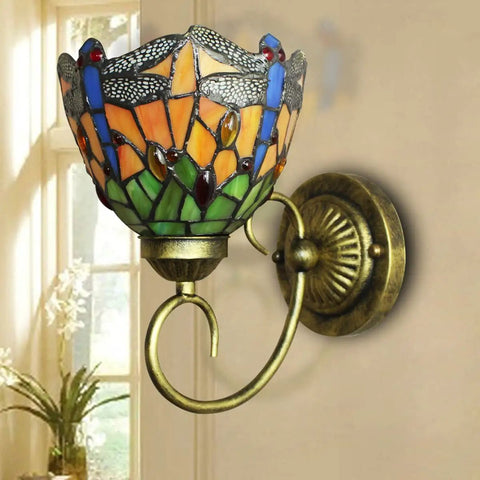Dragonfly Stained Glass Tiffany Style Wall Lights Two Pack With LED E26 Bulbs Included, Easy Install Sconce Lighting