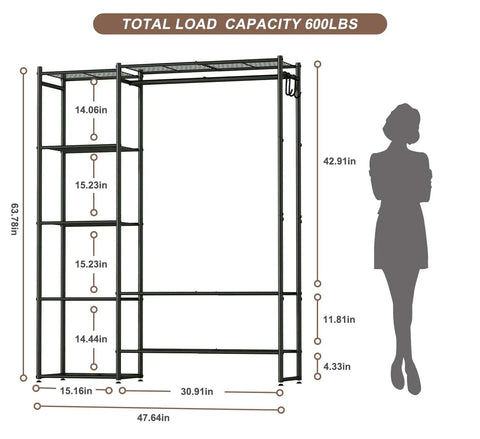 All In One Wardrobe Closet Organizer With Hanging Rod And Four Shelves dimensions and weight capacity illustration