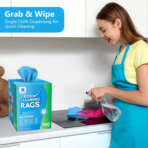 Front view of GLIMGLINT blue microfiber cleaning rags 100-pack box on a kitchen counter.