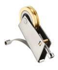 Stainless Steel Double Copper Wheel Bearing Rollers Heavy Duty Sliding Door And Window Pulleys Shower Track Replacement With Slick Motion For Furniture Repair And Smooth Glide close-up view showing the gold roller and stainless steel body.