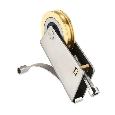 Stainless Steel Double Copper Wheel Bearing Rollers Heavy Duty Sliding Door And Window Pulleys Shower Track Replacement With Slick Motion For Furniture Repair And Smooth Glide close-up view showing the gold roller and stainless steel body.