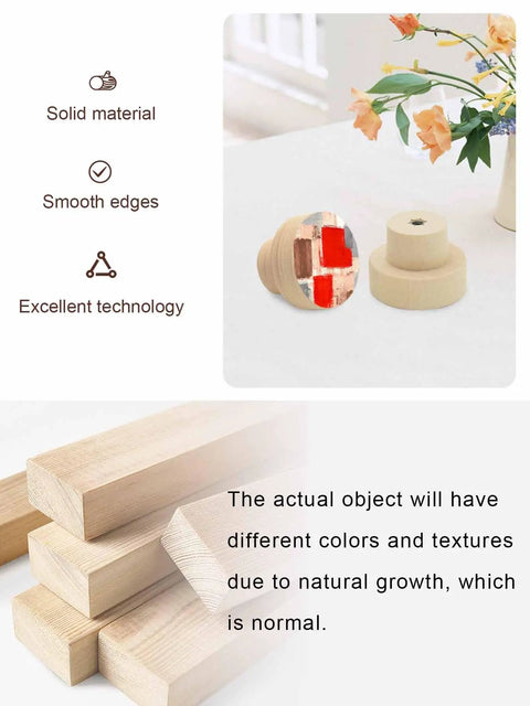 Gonna Level Up Your Cabinetry With These Knockout Beech Wood Cabinet Knobs Set Of Two 1.4 Inch Round Drawer Pulls Sporting Killer Red Painted Abstract Finish And Ridiculously Smooth Action on a table with wood pieces.