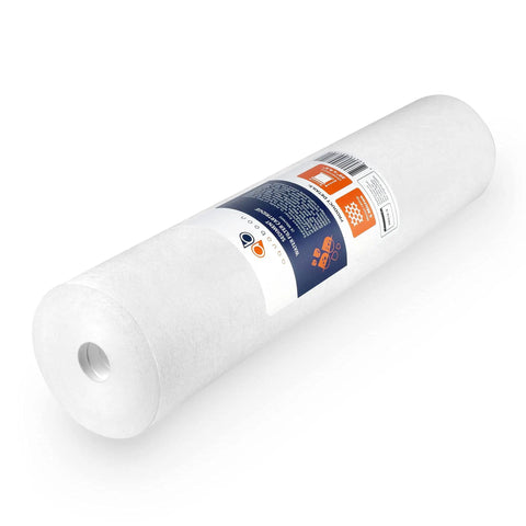 Single 5 Micron 20 Inch By 4.5 Inch Water Filter Cartridge, angled view showing label for sediment and CTO carbon filtration.
