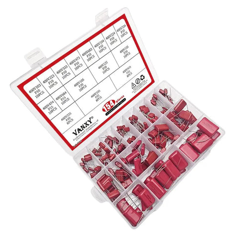 Kickass Assorted Cbb Capacitor Kit 154 Pieces 400V Metallized Electronic Components in organized storage case.