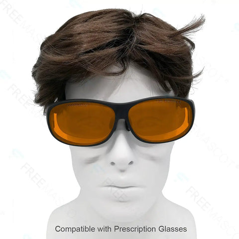 Heavy Hitter Laser Safety Glasses Serving Top Tier OD Plus Protection Against UV And Blue Light Filters For 405nm 445nm 450nm Lasers With A No Sweat Oversized Design In Glossy Black, shown on mannequin.