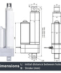 Heavy Duty Electric Linear Actuator With Built In Hall Sensor Telescopic Rod dimensions diagram, showing specifications for 600Mm stroke.