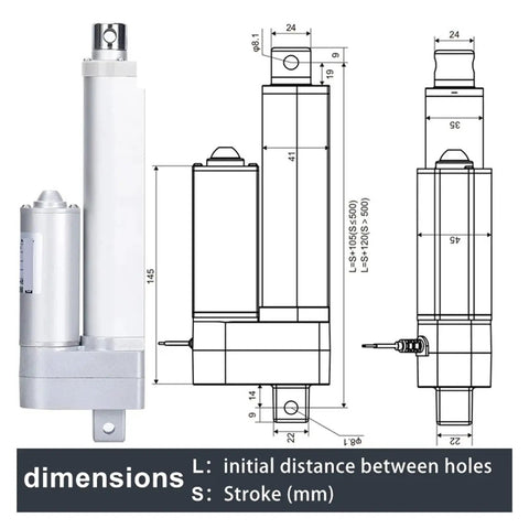 Heavy Duty Electric Linear Actuator With Built In Hall Sensor Telescopic Rod dimensions diagram, showing specifications for 600Mm stroke.