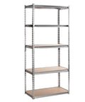 Built Tough Five Tier Storage Shelves With Thick Durable Mdf Boards And Reinforced Steel Frame. Silver shelving unit for garage or office.