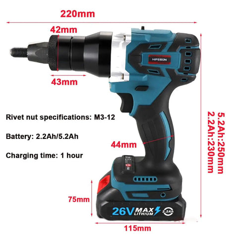 Heavy Duty Cordless Rivet Nut Gun With 5200mAh Dual Batteries for Lickety Fast Pop Rivet Insertion Tools M3 M4 M5 M6 M8 M10 M12 Compatible, 220mm size.