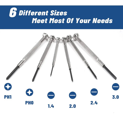 Six Piece Mini Precision Screwdriver Set With Flathead And Phillips Bits in various sizes, showing tips and handles