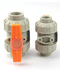 Heavy Duty Double True Union Ball Valve For Industrial Water Pipelines And Plumbing Hoses With Slick Shut Off Action Perfect Fits 20 To 50 Mm Inner Diameter, grey with orange handle.