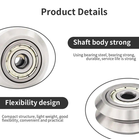 Close-up of Tuned Up Stainless Steel V Slot Pulley with Precision 625ZZ Bearings, highlighting strong shaft body and flexible design.