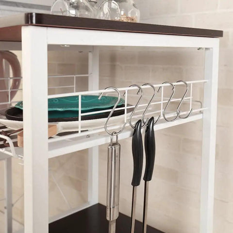 Heavy Duty Three Tier Kitchen Storage Rack And Slick Baking Station With Powder Coated Metal Frame and Sturdy Laminate Shelves displaying hanging hooks.