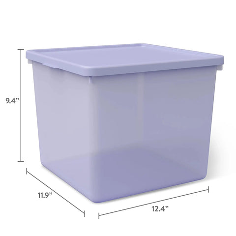 Purple 18 Gallon Plastic Storage Bin With Snug Snap Lid, Hella Spacious Stackable Tote For Seasonal Threads, Holiday Gear, And Dorm Room Stashing, Quick Wipe Down Space Saving Crate in a side view with dimensions of 12.4 x 11.9 x 9.4 inches.