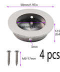 Round Sliding Closet Door Handles Set Of 4 In Stainless Steel Silver Finish Flush Finger Pulls With 2 Inch Diameter Recessed Pocket Handle Suitable For Sliding Barn Doors Cabinets And Wardrobes Includes Screws 50x40mm shown with screws and dimensions.