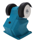No Strings Attached Cordless Mini Bench Grinder With Dual 70mm Grinding Wheels Spinning At 5500 RPM for sharpening on a solid blue base.