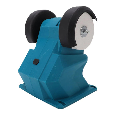 Slick Mini Bench Grinder With Dual Wheels Cordless Design Accepts 18V Batteries For Sharpening Deburring And Polishing Jobs featuring a blue base and dual grinding wheels.
