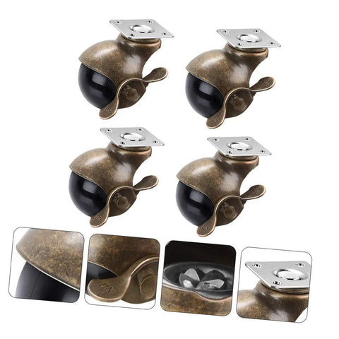 Smooth Riding Vintage Brass Plate Casters Four Pack For Furniture Wheels featuring sturdy ball bearings and black non-marking rollers.