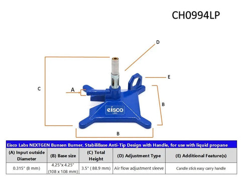 Compact Liquid Propane Micro Bunsen Burner With StabiliBase Anti Tip Design And Handle Flame Stabilizer, space-saving, 3.5 inch tall