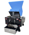 Industrial Grade Plastic Shredder And Grinder Crusher with open lid, heavy duty pulverizer, showing inner blades and metal drawer