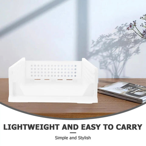 Straight Up Sleek White Plastic Foldable Storage Basket Pull Out Wardrobe Drawer Organizer For Clothes Books Makeup on wooden surface.