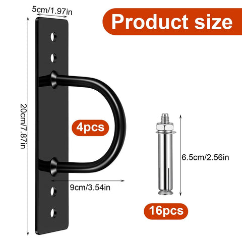 Heavy Duty Battle Rope Anchor Wall Mount Kit With Solid Iron Brackets Bolts For Gym Rigs showing four brackets and sixteen bolts.