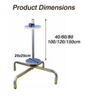 Heavy Duty Vertical Bubble Wrap Roll Holder Aluminum Shipping Dispenser dimensions chart showing 25x25cm base and height options 40/60/80 to 100/120/150cm.
