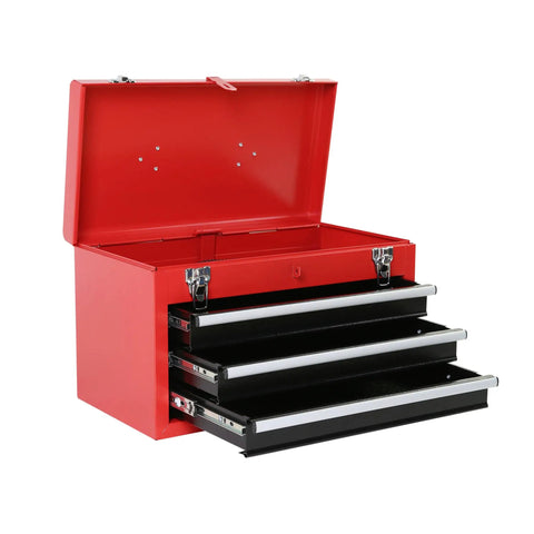 Heavy Duty Rolling Tool Chest With Sturdy Swivel Wheels And Three Smooth Drawers Plus Versatile Removable Top Box For Hella Garage Organization And Straight Up Solid Storage, red steel tool chest with open lid and drawers.