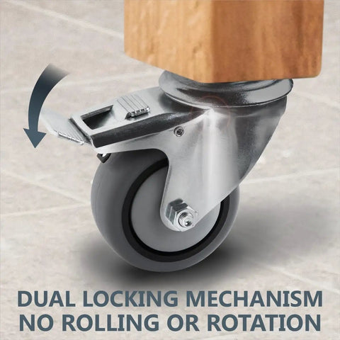 Close-up of Heavy Duty 3 Inch Threaded Stem Caster Wheels Set of 4 with Brakes 600 Lbs Load showing dual locking mechanism and non-marring TPR rubber.