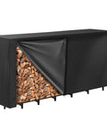 8 Foot Firewood Rack Cover With Front Zipper For Easy Top Access, Waterproof Outdoor Log Shelter, Heavy Duty 600D Oxford Material, Windproof Straps, All Season Protection For Firewood Storage shown with logs visible underneath a front opening.