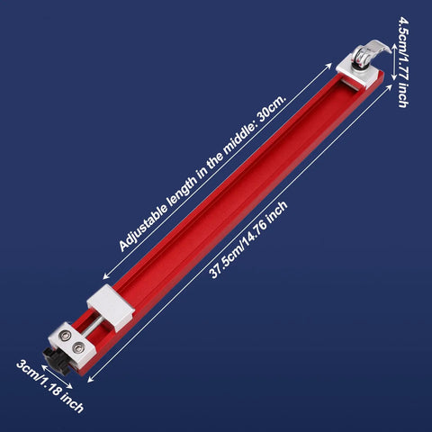 Red Pro Grade Adjustable Circular Saw Track Guide Rail Aluminum Alloy Base Rip Fence with size measurements, highlighted