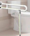 Heavy Duty 29.5 Inch Foldable Toilet Grab Bar With Flip Up Safety Rail And Foolproof Non Slip Handle For Seniors And Mobility Support Built Tough To Carry Up To 450 Lbs Smoothly mounted beside a toilet.